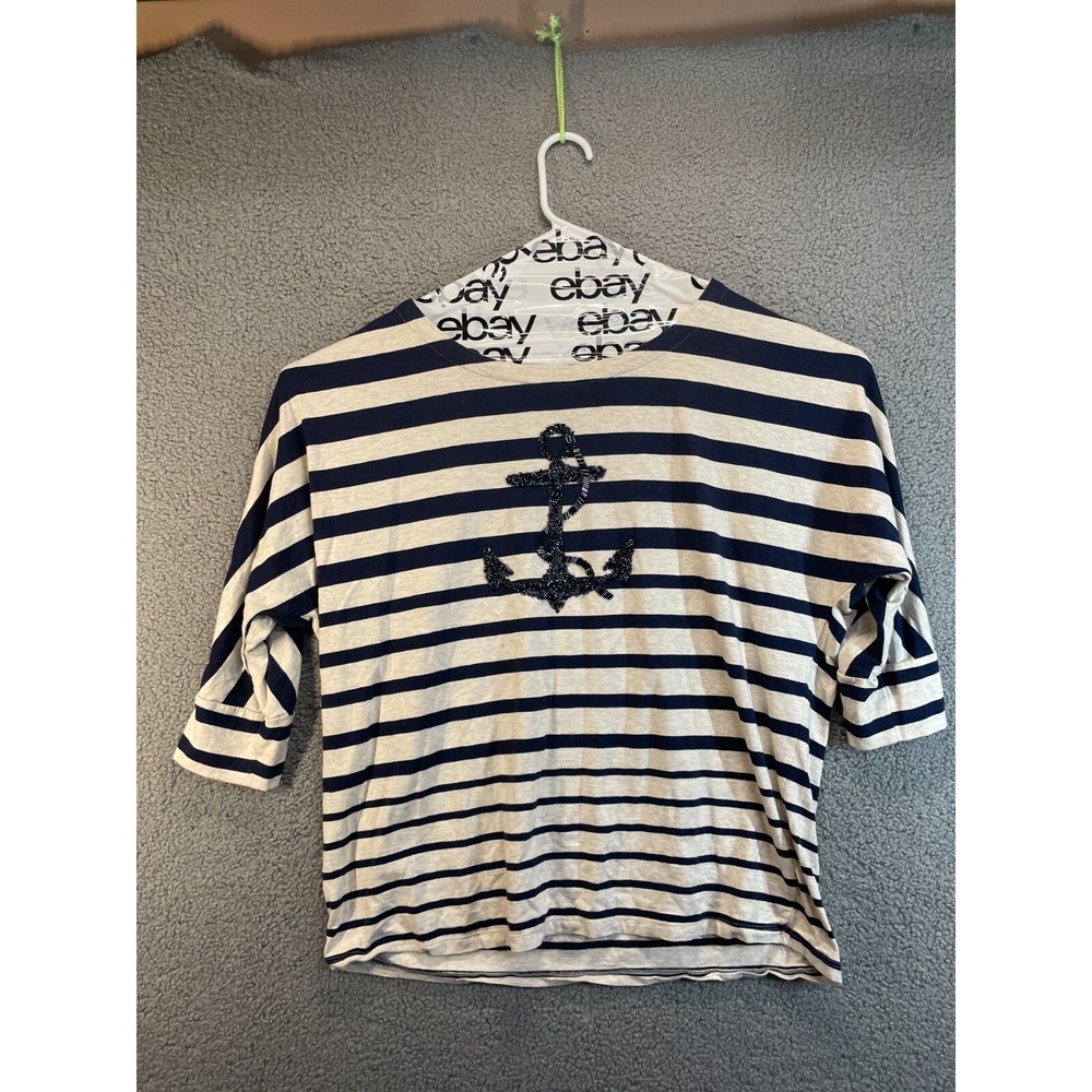 Coldwater Creek Navy and Cream Striped Cowl Neck Sweater with Anchor